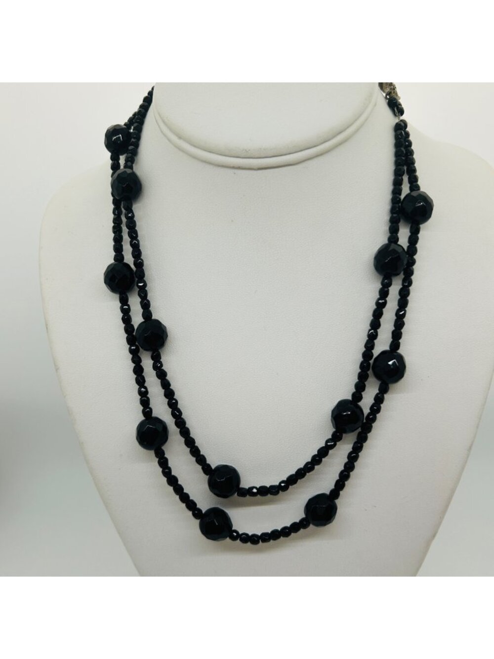 Hobe Black Faceted Glass Bead Double Strand Chain Cord Necklace Vintage Jewelry